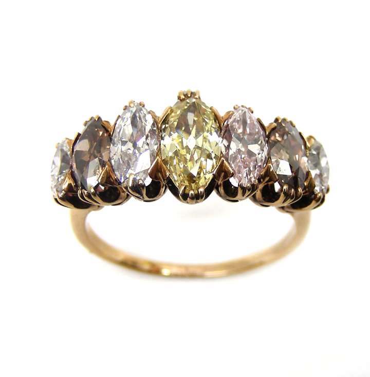 Seven stone marquise cut white and coloured diamond ring